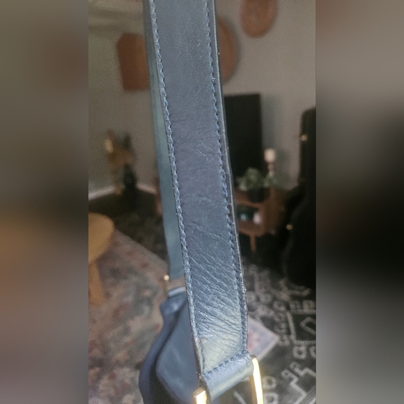 Vintage PAOLA DEL LUNGO 100% Genuine Leather Shoulder Purse Deep Navy. - Picture 7 of 11